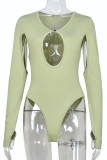 Green Sexy Solid Color Hollow Out Patchwork O Neck Skinny Bodysuits