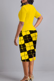 Yellow Celebrities Print Patchwork Slit Ruched V Neck Wrapped Skirt Dresses
