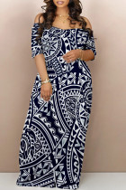 Tibetan Blue Sexy National Totem Print Off Shoulder Printed Dresses
