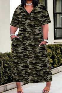 Dark Green Casual Camouflage Print Patchwork V Neck Straight Plus Size Dresses