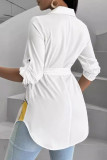 White Casual Print Buckle Patchwork Strap Design Turndown Collar Tops