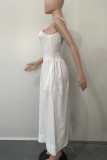 White Celebrities Solid Color Pocket Patchwork Backless Spaghetti Strap Sling Dresses