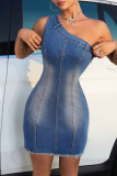 Blue Sexy Patchwork Backless Sloping Shoulder Sleeveless Regular Denim Dresses