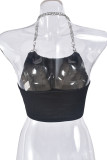 Black Street Print Chains Backless Halter Tops
