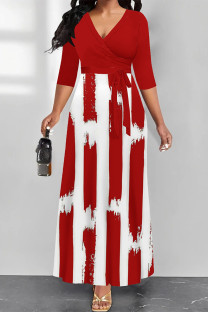 Red Casual Street Geometric Print With Belt Contrast V Neck Printed Dresses