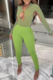 Green Sexy Solid Color Hollow Out Patchwork O Neck Skinny Bodysuits