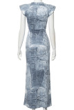 Blue Street Print Patchwork O Neck Long Dresses