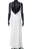White Celebrities Print Hollow Out Patchwork Backless Spaghetti Strap Sling Dresses