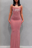 Pink Sexy Letters Patchwork Backless Spaghetti Strap Sling Dresses