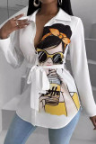 White Casual Print Buckle Patchwork Strap Design Turndown Collar Tops