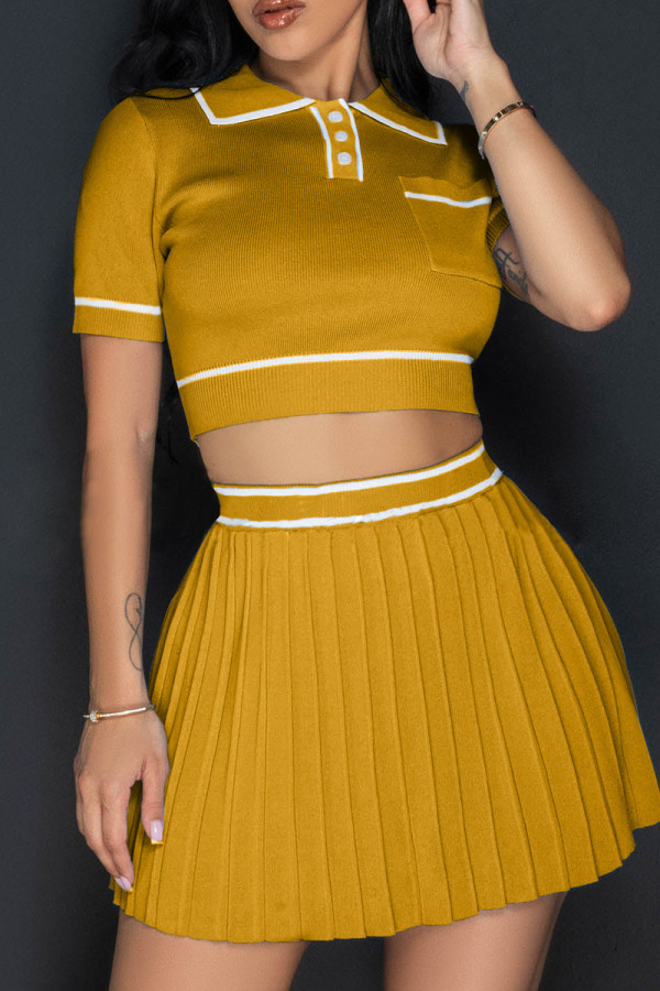 Ginger Sexy Pocket Buckle Patchwork Pleated Contrast Turndown Collar Short Sleeve Two Pieces