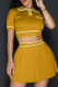 Ginger Sexy Pocket Buckle Patchwork Pleated Contrast Turndown Collar Short Sleeve Two Pieces