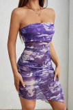 Purple Sexy Print Patchwork Backless Ruched Strapless Wrapped Skirt Dresses