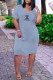 Light Blue Casual Letter Print Pocket V Neck Short Sleeve Short Sleeve Dress