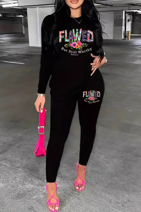 Black Casual Letters Patchwork O Neck Long Sleeve Two Pieces