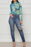 Colour Casual Print Patchwork O Neck Tops