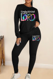 Black Casual Letters Patchwork O Neck Long Sleeve Two Pieces