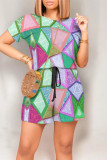 Purple Casual Geometric Print Draw String Pocket Contrast O Neck Loose Rompers