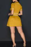 Baby Blue Sexy Pocket Buckle Patchwork Pleated Contrast Turndown Collar Short Sleeve Two Pieces