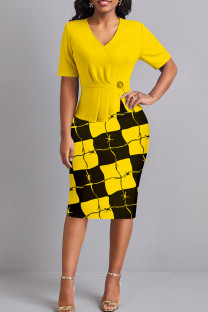Yellow Celebrities Print Patchwork Slit Ruched V Neck Wrapped Skirt Dresses