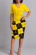 Yellow Celebrities Print Patchwork Slit Ruched V Neck Wrapped Skirt Dresses