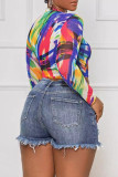 Colour Casual Print Patchwork O Neck Tops