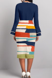Orange Celebrities Print Patchwork Slit Zipper Contrast O Neck Wrapped Skirt Dresses