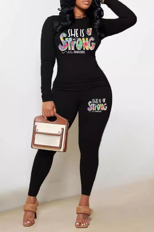 Black Casual Letters Patchwork O Neck Long Sleeve Two Pieces