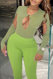 Green Sexy Solid Color Hollow Out Patchwork O Neck Skinny Bodysuits