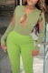 Green Sexy Solid Color Hollow Out Patchwork O Neck Skinny Bodysuits