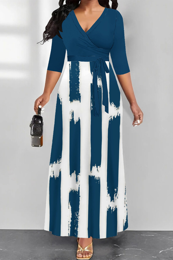Blue Casual Street Geometric Print With Belt Contrast V Neck Printed Dresses