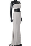 Grey Sexy Solid Color Patchwork Strapless Sleeveless Two Pieces