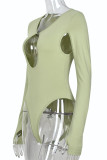 Green Sexy Solid Color Hollow Out Patchwork O Neck Skinny Bodysuits