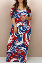 Red Blue Sexy Floral Print Pocket Contrast Off Shoulder Printed Dresses