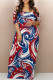 Red Blue Sexy Floral Print Pocket Contrast Off Shoulder Printed Dresses