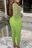 Green Sexy Solid Color Hollow Out Patchwork O Neck Skinny Bodysuits