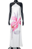 White Celebrities Print Hollow Out Patchwork Backless Spaghetti Strap Sling Dresses