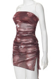 Purple Sexy Print Patchwork Backless Ruched Strapless Wrapped Skirt Dresses