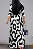 Black Casual Street Geometric Print Lace Up V Neck Printed Dresses