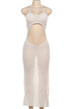 White Sexy Solid Color Hollow Out Patchwork Backless Square Neck Long Dresses