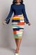 Blue Celebrities Print Patchwork Slit Zipper Contrast O Neck Wrapped Skirt Dresses