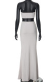Grey Sexy Solid Color Patchwork Strapless Sleeveless Two Pieces