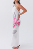 White Celebrities Print Hollow Out Patchwork Backless Spaghetti Strap Sling Dresses