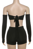 Black Sexy Print Patchwork Backless Strapless Long Sleeve Two Pieces