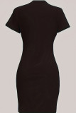 Black Street Print Patchwork O Neck Wrapped Skirt Dresses