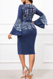 Tibetan Blue Celebrities Print Patchwork Strap Design O Neck Wrapped Skirt Dresses