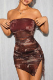 Purple Sexy Print Patchwork Backless Ruched Strapless Wrapped Skirt Dresses