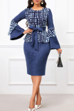 Tibetan Blue Celebrities Print Patchwork Strap Design O Neck Wrapped Skirt Dresses