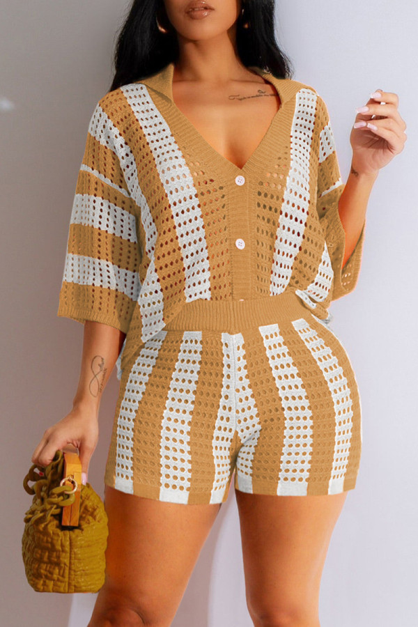 Khaki Casual Hollow Out Buckle Patchwork V Neck Three Quarter Two Pieces