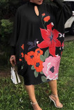 Black Casual Print Hollow Out Patchwork O Neck Straight Plus Size Dresses